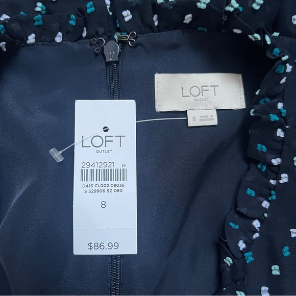 Loft Outlet Dress Women's 8 New NWT Navy Blue Tufted Swiss Dots Midi Ruffles - Picture 3 of 12